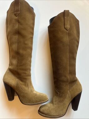 Frye Tall Suede Heeled Boots in Wheat Brown
